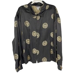 Chico's Design Jacket Womens 3 (XL) Black Gold Embroidery Asian Design Satin Zip
